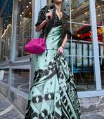 Sea Green Satin Crepe  Digital Printed Work Saree With Blouse