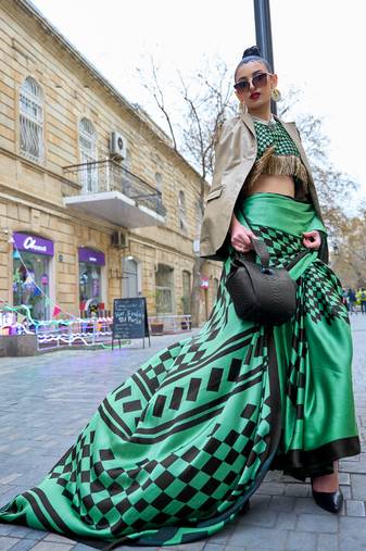 Green Satin Crepe  Digital Printed Work Saree With Blouse