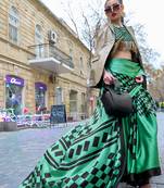 Green Satin Crepe  Digital Printed Work Saree With Blouse