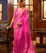 Rani Pink Pure Satin Woven Silk Woven Work Saree With Blouse