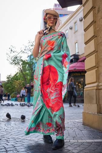 Sea Green Silk Crepe  Digital Printed Work Saree With Blouse