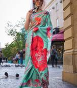 Sea Green Silk Crepe  Digital Printed Work Saree With Blouse