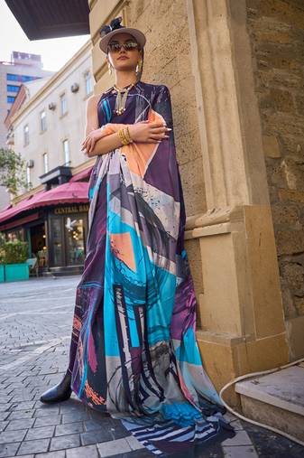 Multicolor Silk Crepe  Digital Printed Work Saree With Blouse