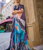 Multicolor Silk Crepe  Digital Printed Work Saree With Blouse