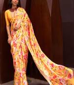 Yellow Satin Crepe  Digital Printed Work Saree With Blouse