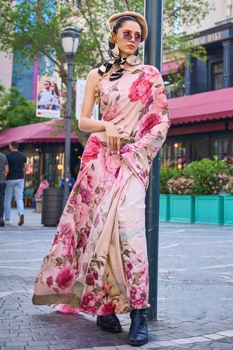 Multicolor Silk Crepe  Digital Printed Work Saree With Blouse