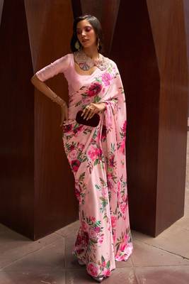 Light Pink Satin Crepe Digital Printed Work Saree With Blouse 1