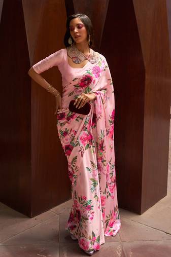 Light Pink Satin Crepe  Digital Printed Work Saree With Blouse