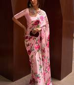 Light Pink Satin Crepe  Digital Printed Work Saree With Blouse