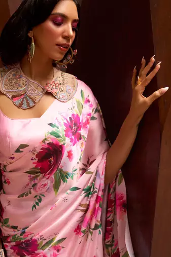 Light Pink Satin Crepe  Digital Printed Work Saree With Blouse