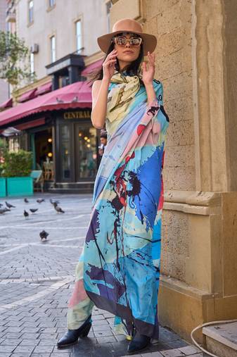 Multicolor Silk Crepe  Digital Printed Work Saree With Blouse