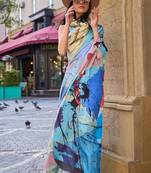 Multicolor Silk Crepe  Digital Printed Work Saree With Blouse