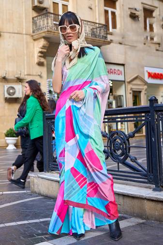 Multicolor Silk Crepe  Digital Printed Work Saree With Blouse