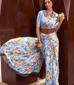 Steel Blue Satin Crepe  Digital Printed Work Saree With Blouse