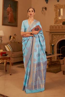 Sky Blue Handloom Silk Copper Zari Woven Work Saree With Blouse 1