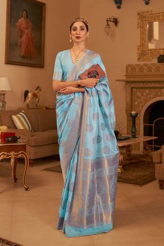 Sky Blue Handloom Silk Copper Zari Woven Work Saree With Blouse