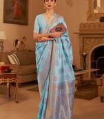 Sky Blue Handloom Silk Copper Zari Woven Work Saree With Blouse