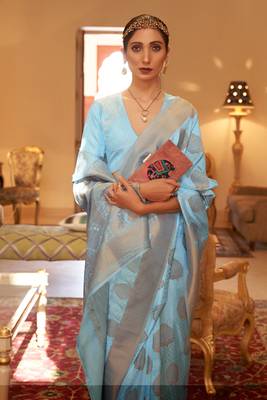 Sky Blue Handloom Silk Copper Zari Woven Work Saree With Blouse 2