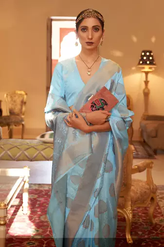 Sky Blue Handloom Silk Copper Zari Woven Work Saree With Blouse