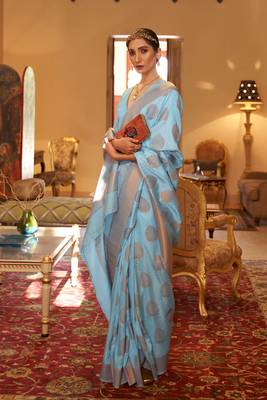 Sky Blue Handloom Silk Copper Zari Woven Work Saree With Blouse 3