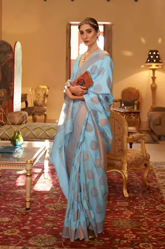 Sky Blue Handloom Silk Copper Zari Woven Work Saree With Blouse