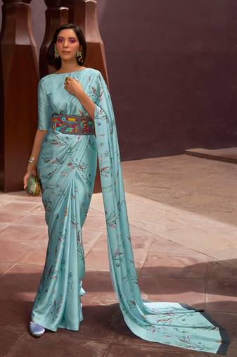 Aqua Blue Satin Crepe  Digital Printed Work Saree With Blouse
