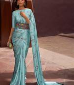 Aqua Blue Satin Crepe  Digital Printed Work Saree With Blouse