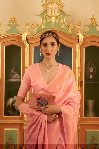 Salmon Handloom Silk Copper Zari Woven Work Saree With Blouse