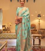 Sea Green Handloom Silk Copper Zari Woven Work Saree With Blouse