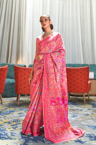 Peach Pink Kashmiri Modal Handloom Silk Woven Work Saree With Blouse