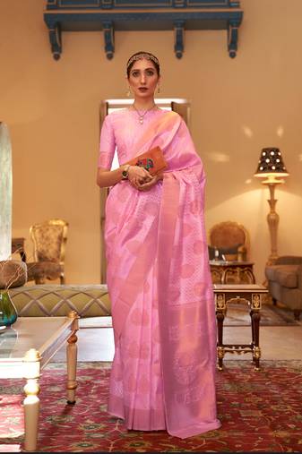 Pink Handloom Silk Copper Zari Woven Work Saree With Blouse