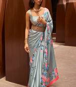 Grey Satin Crepe  Digital Printed Work Saree With Blouse