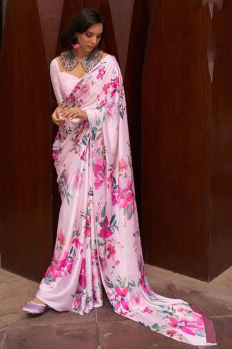 Baby Pink Satin Crepe  Digital Printed Work Saree With Blouse