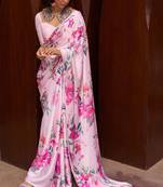 Baby Pink Satin Crepe  Digital Printed Work Saree With Blouse