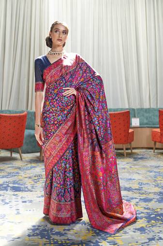 Navy Blue Kashmiri Modal Handloom Silk Woven Work Saree With Blouse