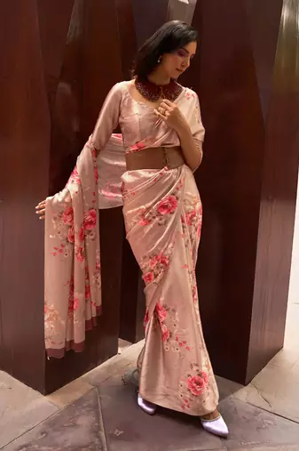 Pale Copper Satin Crepe Digital Printed Work Saree With Blouse