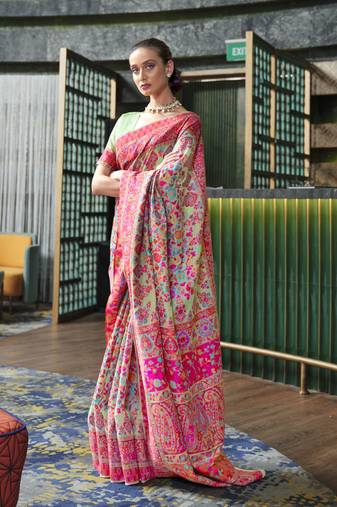 Pista Green Kashmiri Modal Handloom Silk Woven Work Saree With Blouse