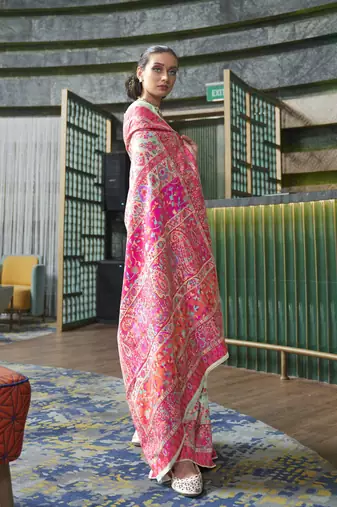 Pista Green Kashmiri Modal Handloom Silk Woven Work Saree With Blouse