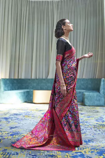 Black Kashmiri Modal Handloom Silk Woven Work Saree With Blouse