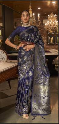 Navy Blue Satin Silk Woven Designer Saree With Blouse For Women 1