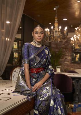 Navy Blue Satin Silk Woven Designer Saree With Blouse For Women 2