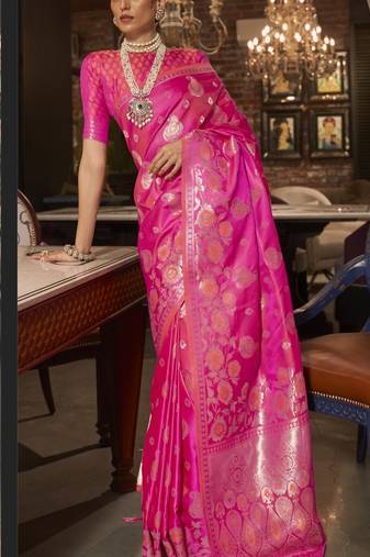 Pink Satin Silk Woven Designer Saree With Blouse For Women