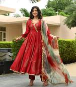 Rayon Red Anrakali chavvni kurti with and dupatta