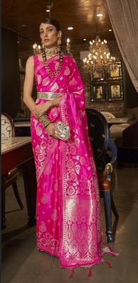 Pink Satin Silk Woven Designer Saree With Blouse For Women 1