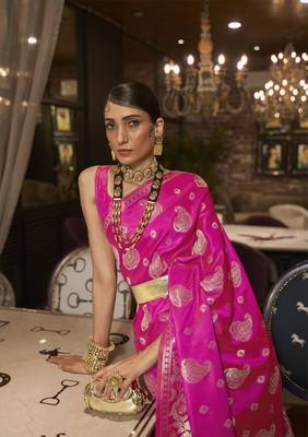 Pink Satin Silk Woven Designer Saree With Blouse For Women 2