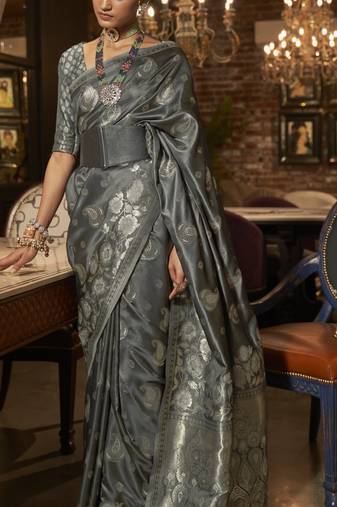Grey Satin Silk Woven Designer Saree With Blouse For Women