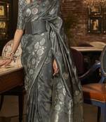 Grey Satin Silk Woven Designer Saree With Blouse For Women