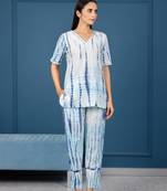 White with blue shibhori hand printed top with pants