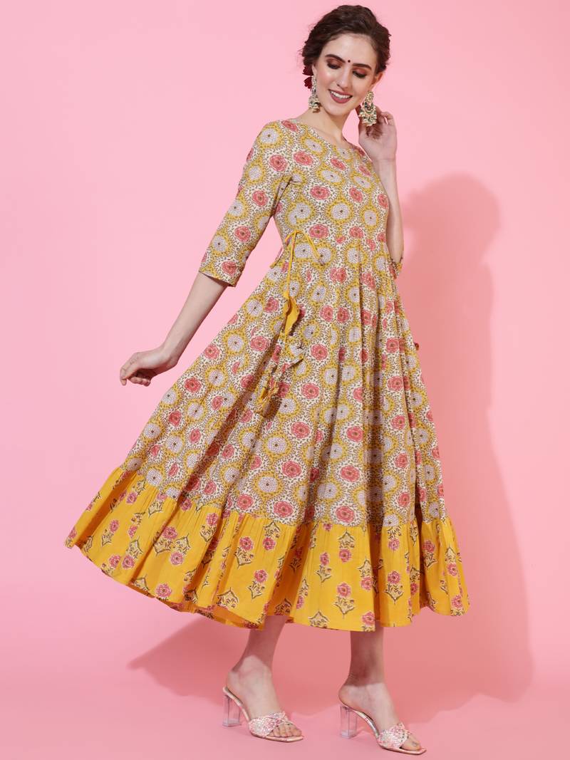 Kimayra cotton calf length printed flared 3/4 sleeves round neck kurta ...
