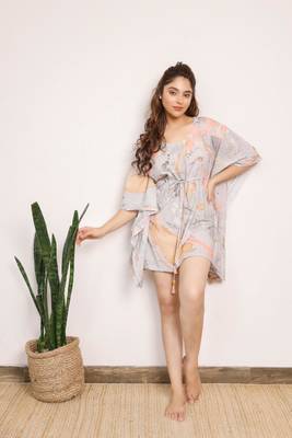 Brown and orange marble printed short kaftan 1